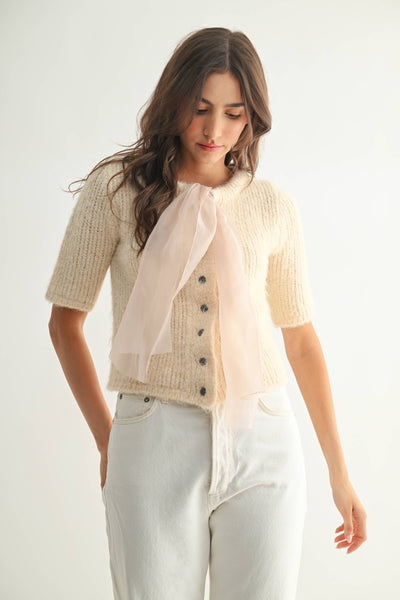 KNIT CARDIGAN WITH CHIFFON BOW - SAND