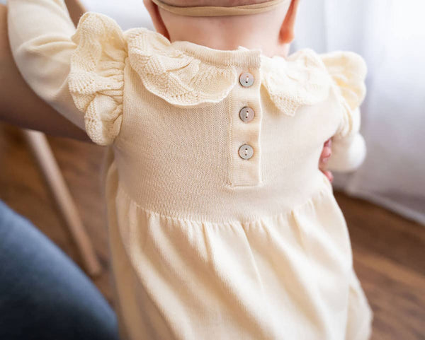 Milan Ruffle Collar Pointelle Knit Baby Dress - Organic: Cream
