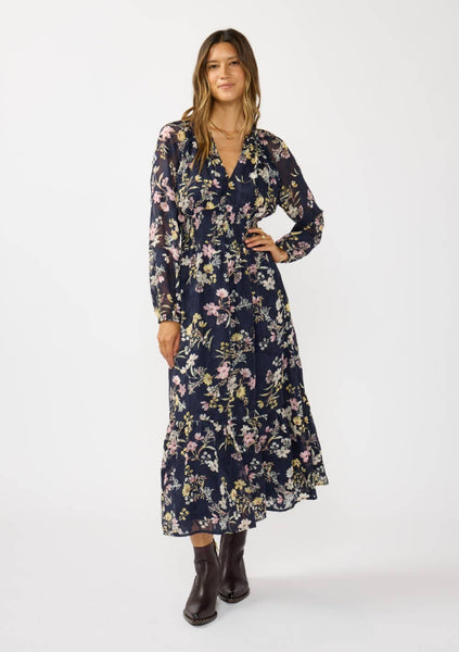 Smocked Waist Ruffle Maxi Dress: NAVY/YELLOW