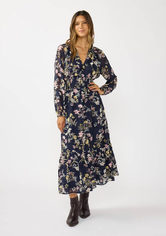 Smocked Waist Ruffle Maxi Dress: NAVY/YELLOW
