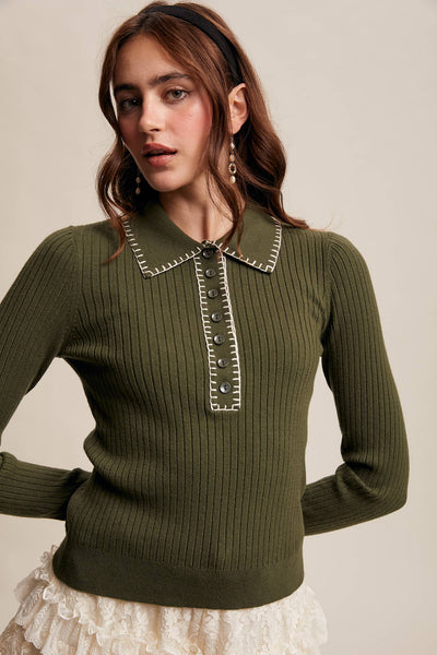 Contrast Stitch Ribbed Knit Top : Dark Olive