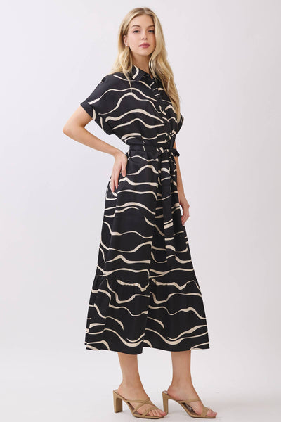 SATIN COLLARD BUTTON DOWN WAIST TIE MIDI DRESS: Black