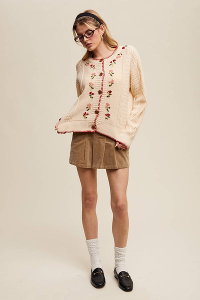Floral Embroidered Button-Up Cardigan: Ecru