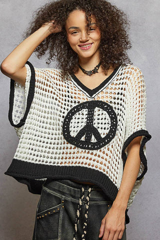 Oversize v-neck short sleeve peace sign sweater SALE: IVORY/BLACK / S - Lulu Bella Boutique