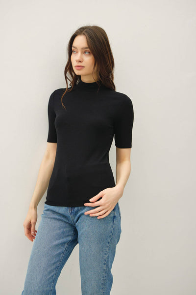 SHORT SLEEVE MOCKNECK KNIT TOP : Black
