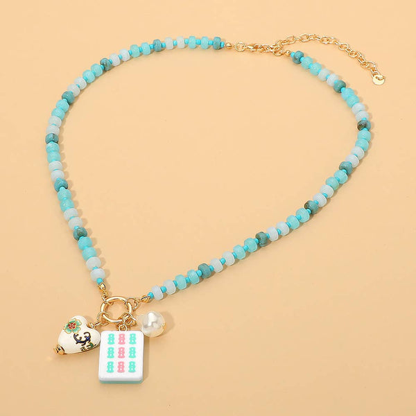 Mahjong Tile Charm Pearl Floral Bead Ball Charm Pendant Beaded Necklace: Blue,Gold