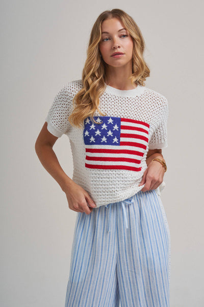 AMERICAN FLAG 4TH OF JULY LOW GAUGE SWEATER TOP: OFF WHITE / S-M-L(2-2-2) - Lulu Bella Boutique