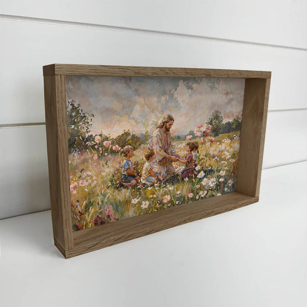 Jesus Christ with Children Meadow - Farmhouse Living Room : 12x18" Medium Canvas Art with Thick Wood Frame