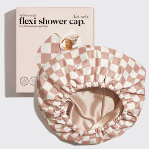 Satin Lined Flexi Shower Cap - Terracotta Checker - Lulu Bella Boutique