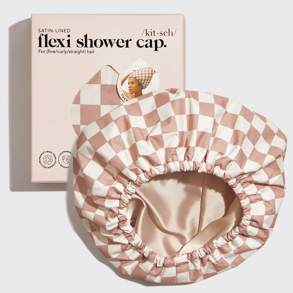 Satin Lined Flexi Shower Cap - Terracotta Checker - Lulu Bella Boutique