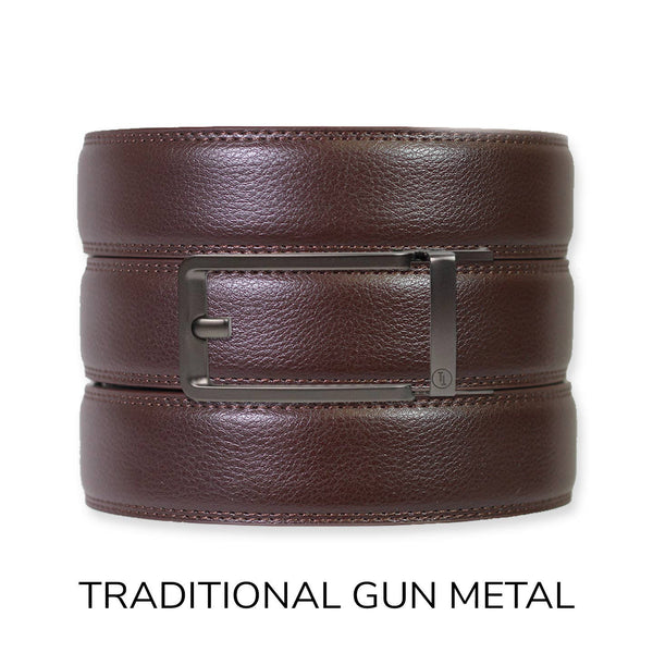 Espresso Leather Rachet Belt & Buckle Set: Gun Metal - Lulu Bella Boutique