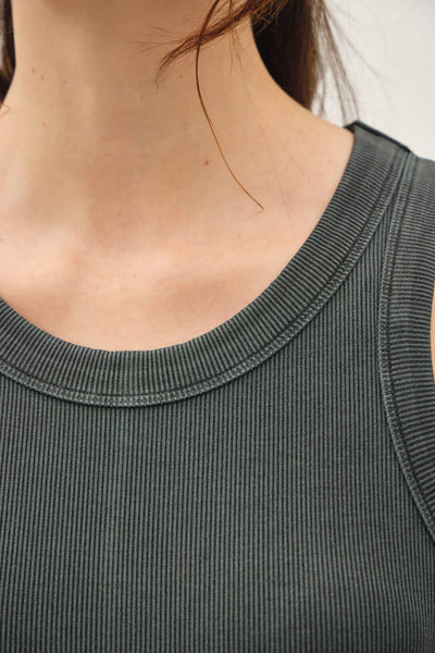 GARMENT WASHED RIBBED SLIM MIDI TANK DRESS: CHARCOAL / S - Lulu Bella Boutique