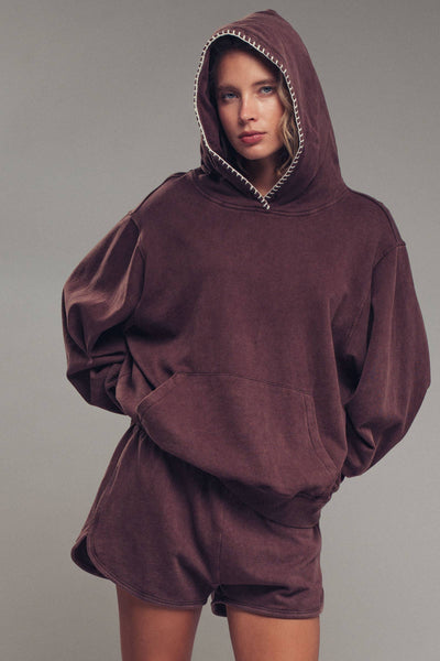 Vintage-Wash Crochet Trim Hooded Sweatshirt: BROWN