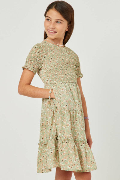 Girls Floral Smocked Tiered Skirt Dress: Sage