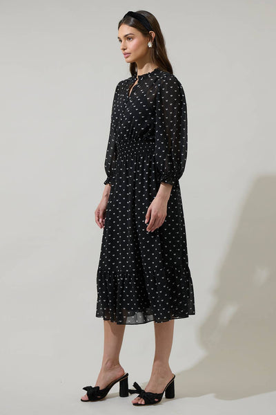 Rosaly Bow Irene Smocked Midi Dress: BLACK-WHITE