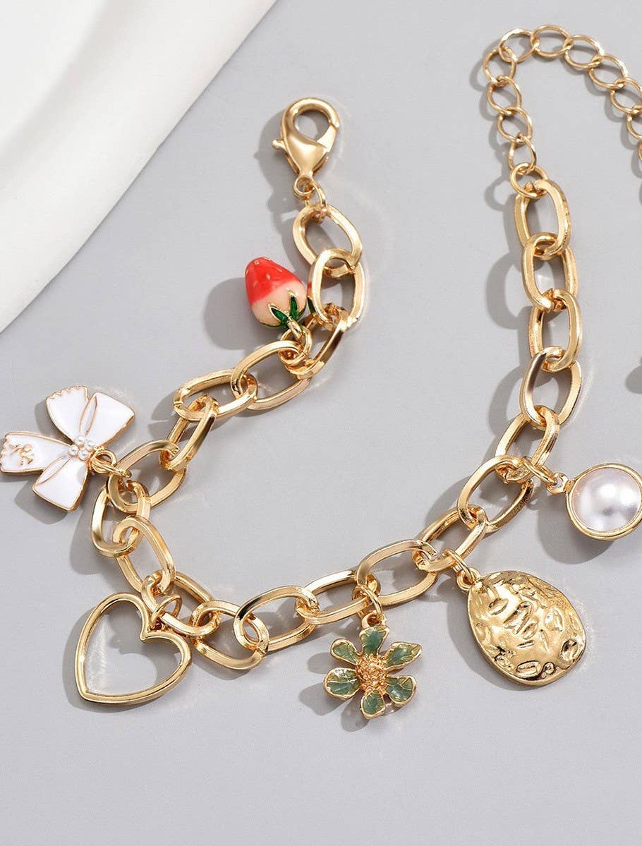 CHARM BOW STRABERRY PEARL BRACELET | 80B260: GOLD