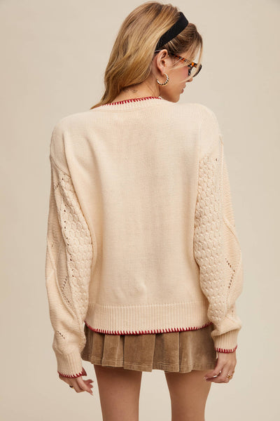 Floral Embroidered Button-Up Cardigan: Ecru