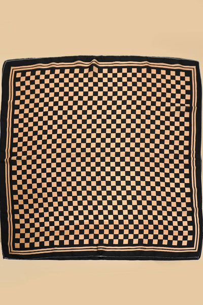 LARGE CHECKER PRINT SILKY FEEL BANDANA SCARF: Brown