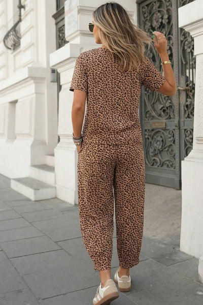 Leopard Top Drawstring Waist Barrel Pants Set |