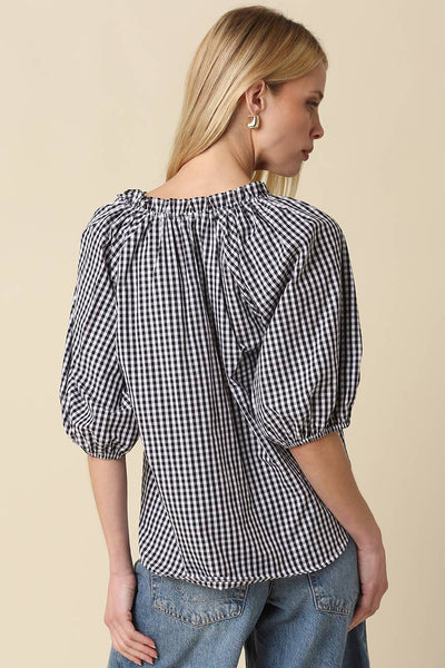 Haylee Gingham Puff-Sleeve Shirt: Black / Contemporary / S - Lulu Bella Boutique