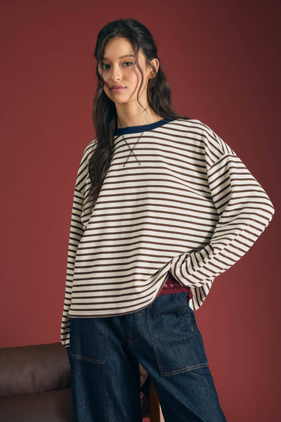 STRIPE CREW NECK V-STITCH LONG SLEEVE KNIT TOP: BROWN
