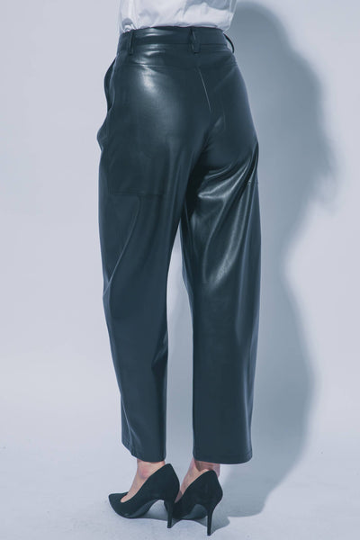 Faux Leather Barrel Leg Pants: BLACK