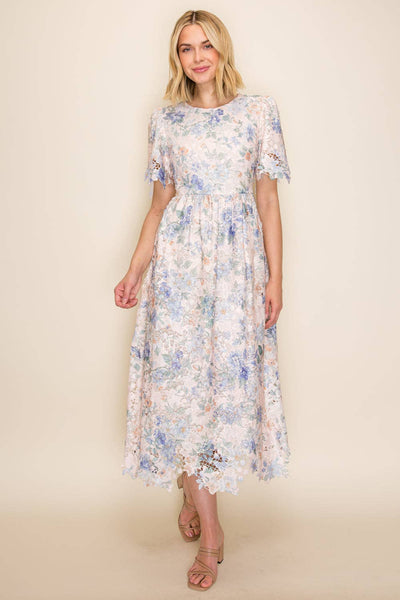 Floral Lace Midi Dress with Scalloped Hem: Multi / S - Lulu Bella Boutique