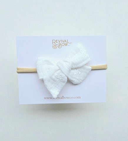 Small Pinwheel Bow on Headband • Embroidered White Gauze - Lulu Bella Boutique