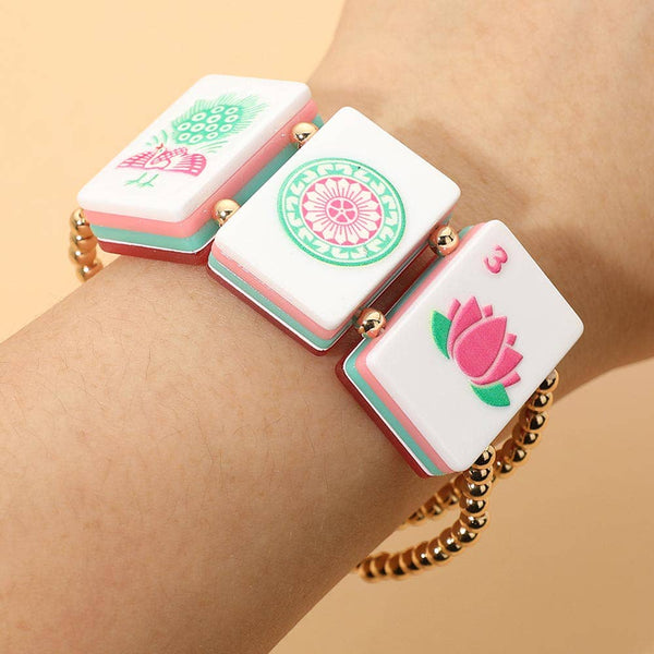 Mahjong Tile Beaded Stretch Bracelet: Gold,Multi