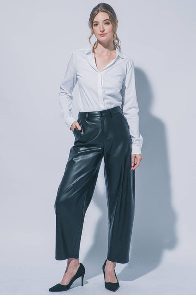 Faux Leather Barrel Leg Pants: BLACK