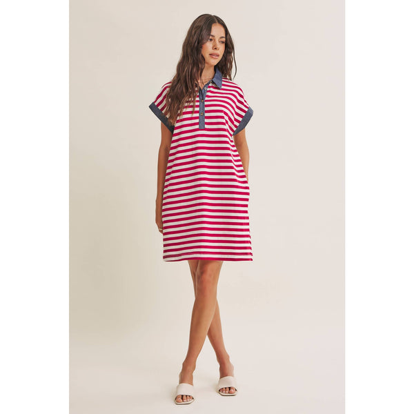 YACHT CLUB RELAXED FIT CASUAL STRIPE POLO MINI DRESS: BURGUNDY/CREAM