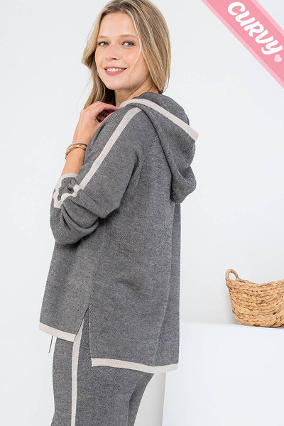 PLUS SIZE RELAXED CASUAL  KNIT SWEATER HOODIE : TAUPE/BLACK / Plus Size / 2XL/3XL