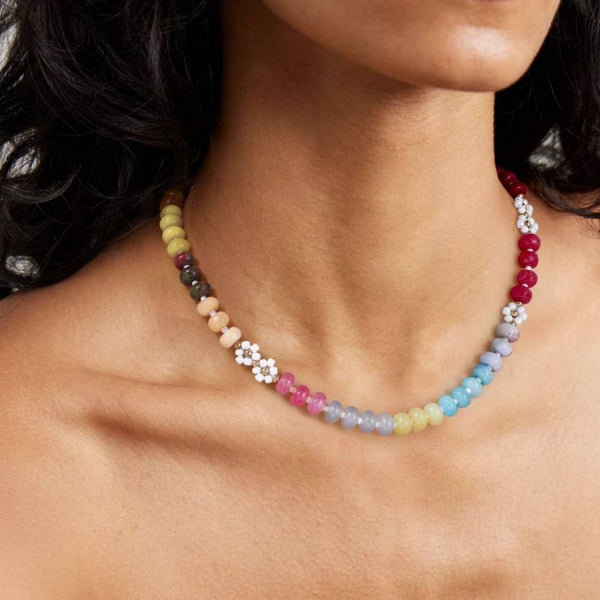 NATURAL STONE AGATE GLASS STAINLESS STEEL NECKLACE |80N92044: A - Lulu Bella Boutique