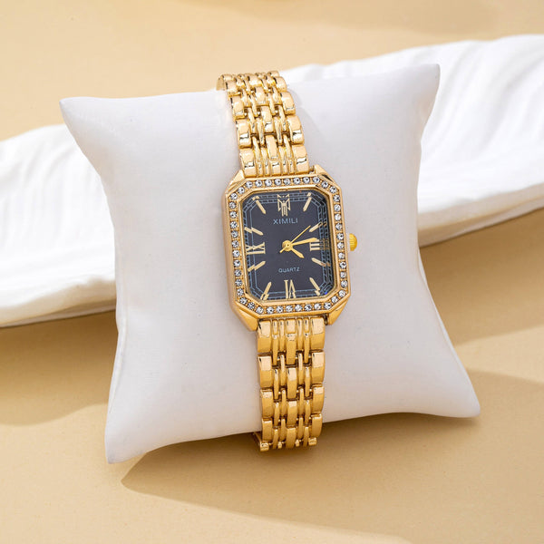 ENCRUSTED BEZEL RECTANGLE FACE BAND BRACELET WATCH | 80W005: GOLD-WHITE - Lulu Bella Boutique