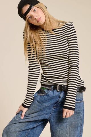 Ribbed Knit Striped Long Sleeve Top: Black