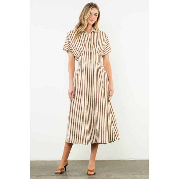 Striped Pintuck Button-Up Maxi Dress: BROWN / XS-S-M-L(1-2-2-1) - Lulu Bella Boutique