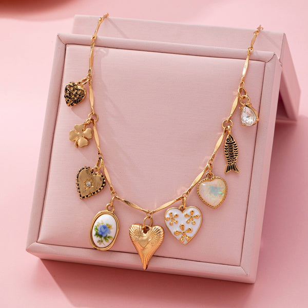 CHARM NECKLACE-HEARTS PORCELAIN FISH RHINESTONE | 80N92690: GOLD - Lulu Bella Boutique