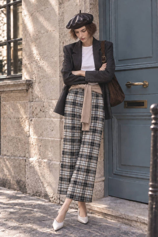 PLAID WIDE LEGS CROPPED PANTS: BLACK/TAUPE