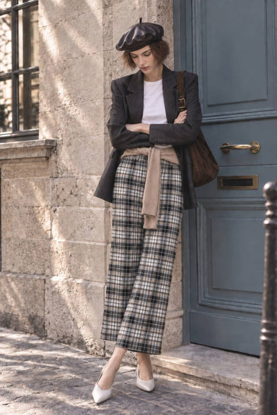 PLAID WIDE LEGS CROPPED PANTS: BLACK/TAUPE
