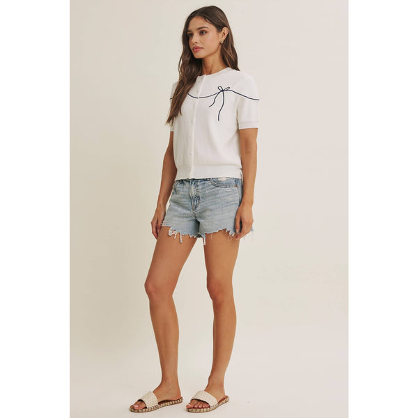 FRENCH MORNING BOW EMBROIDERED BUTTON-DOWN COTTON CARDIGAN: OFF WHITE / S - Lulu Bella Boutique