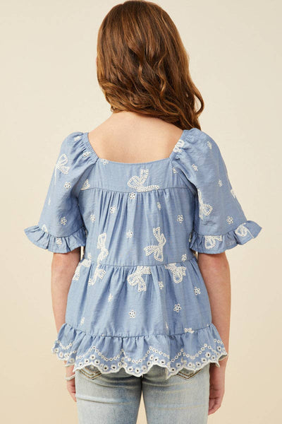Girls Bow Embroidered Scallop Hem Peplum Top - Lulu Bella Boutique