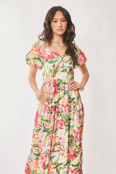 FLORAL SHORT PUFF SLEEVES SWEETHEART MAXI DRESS: WHITE RED / L - Lulu Bella Boutique