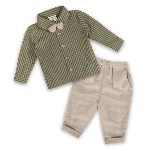 Gingham Bow Tie Shirt & Linen Pant Set