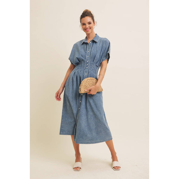 STRETCHY DENIM MIDI DRESS WITH MINERAL-WASHED: WASHED DENIM / L - Lulu Bella Boutique