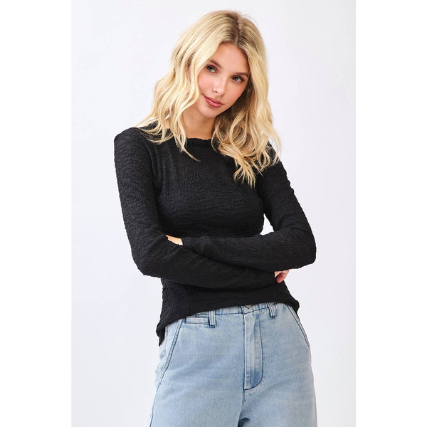 LACE LONG SLEEVE RUFFLE NECK LAYERING TOP: BLACK / S-M-L(2-2-2) - Lulu Bella Boutique