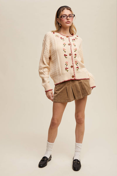 Floral Embroidered Button-Up Cardigan: Ecru