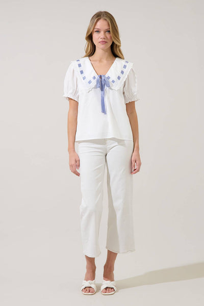 Miriam Gingham Sailor Top: White / XS - Lulu Bella Boutique