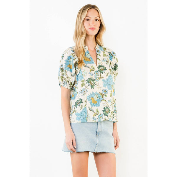 Short Sleeve Floral Lace Trim Top: CREAM / XS-S-M-L(1-2-2-1) - Lulu Bella Boutique