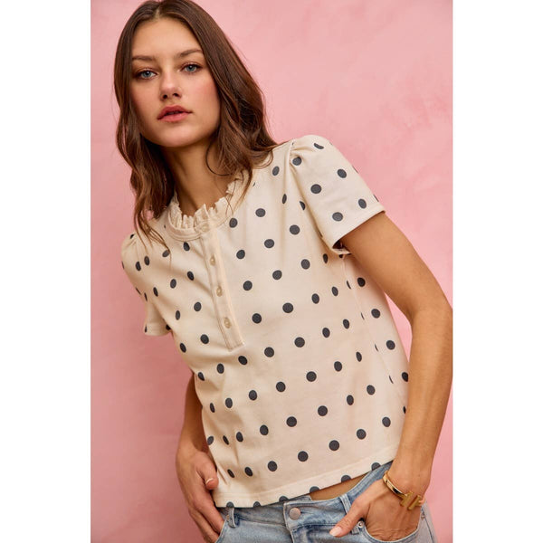 POLK-A-DOT KNIT LACE TRIM ON NECKLINE SHORT TOP: OFF WHITE/BLACK / S - Lulu Bella Boutique