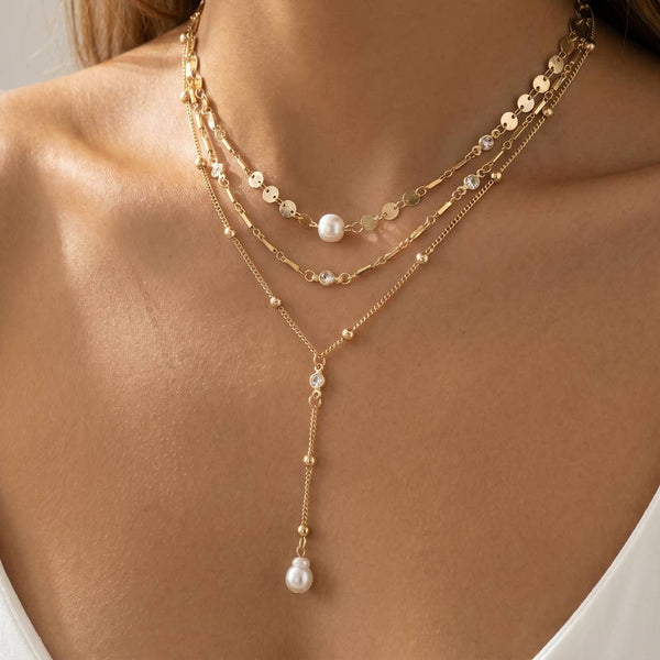 Layered Pearl Cz Lariat Drop Necklace